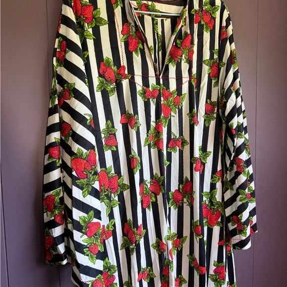 Vintage 70s Strawberry Stripe Maxi Dress – Long Sleeve Fruit Print Slip - Picture 7 of 7